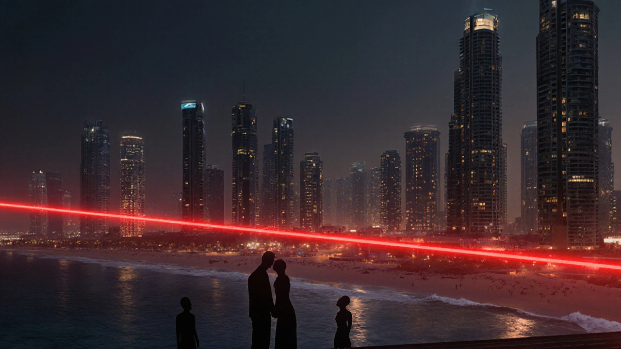 A glowing red line across Dubai’s skyline marking where public affection is not allowed.