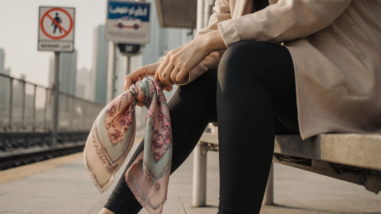 A scarf placed over leggings on a bench near a Dubai Metro station with a women-only car sign visible.