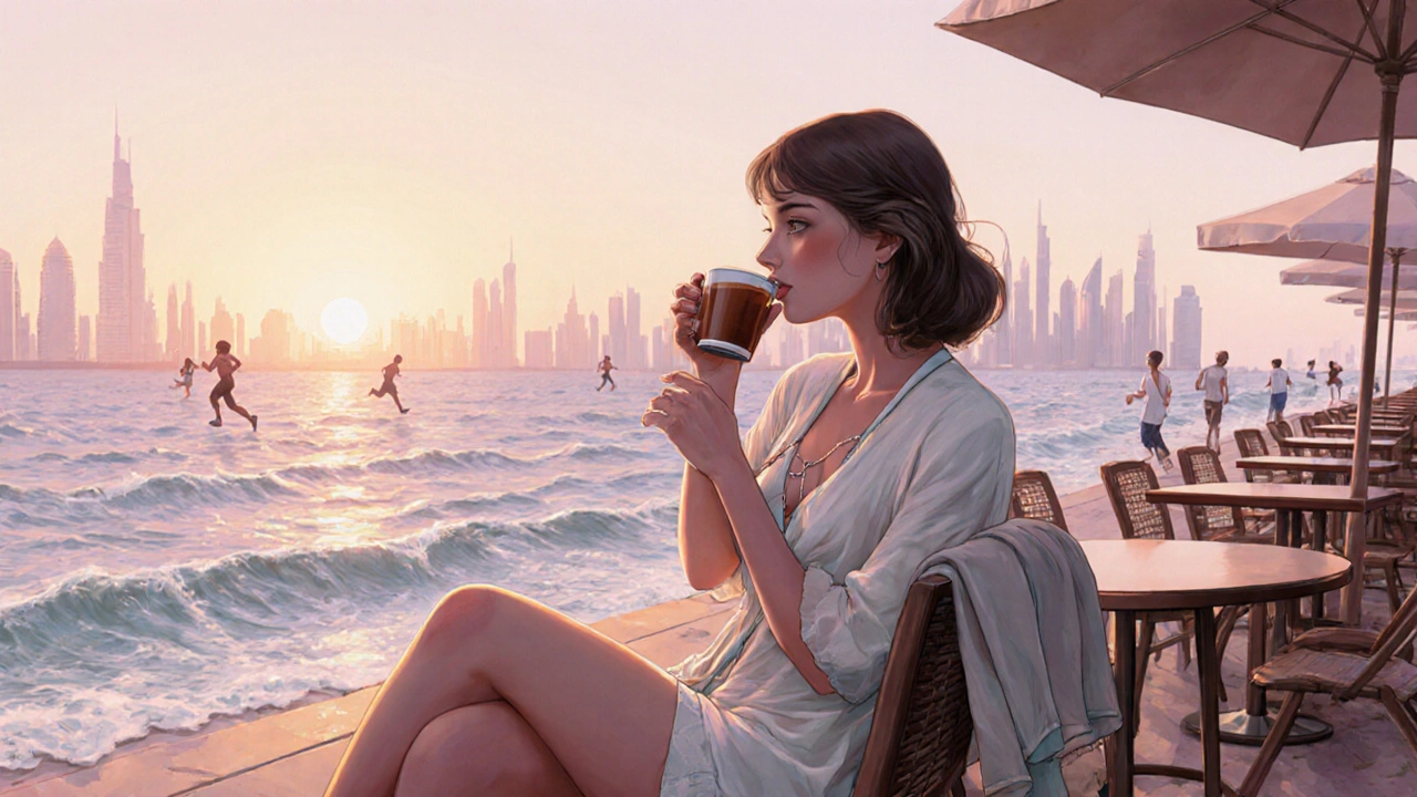 A solo female traveler enjoying coffee at a JBR café, wearing a cover-up with Dubai Marina in the background.