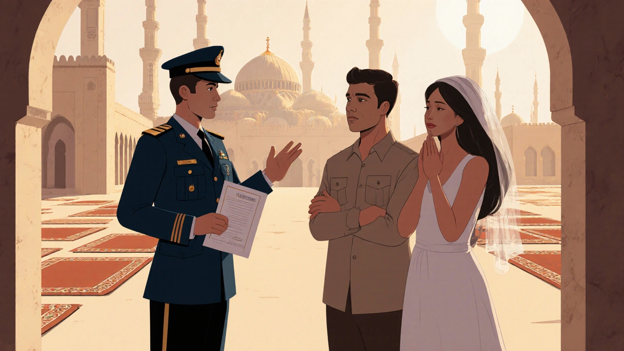 A tourist couple being politely warned by a security officer near a mosque entrance.
