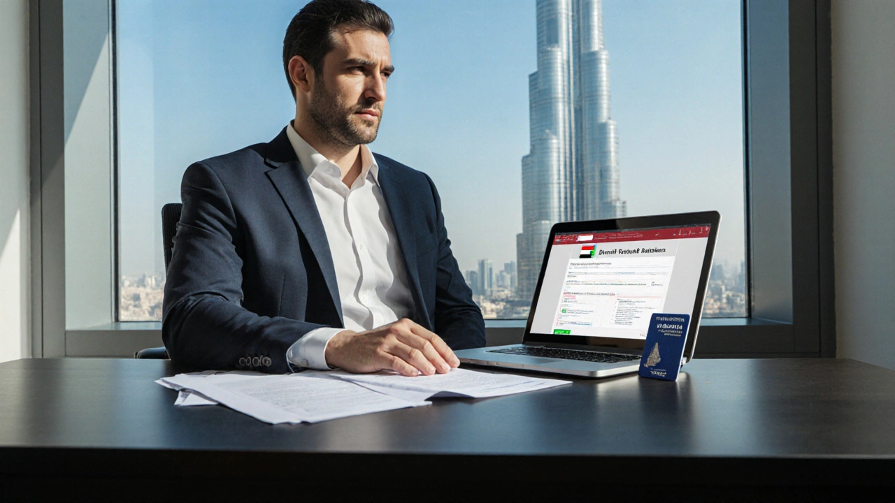 American man in Dubai free zone office with business documents and residence visa, Burj Khalifa visible through window
