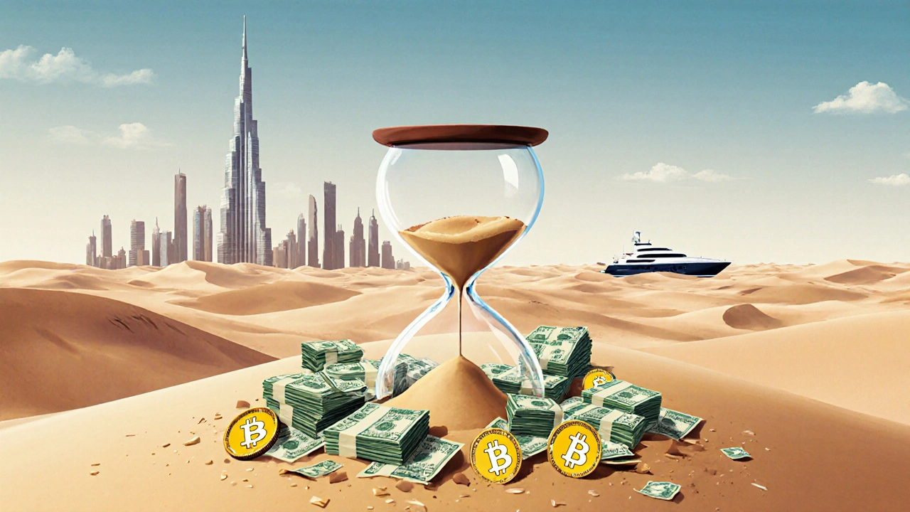 Cash and crypto dissolving into sand beneath hourglass with Burj Khalifa and desert in background.