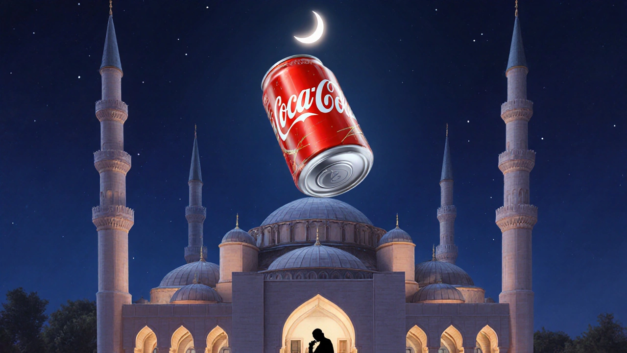 Coca-Cola can floating near a mosque entrance with a Ramadan crescent, symbolizing public consumption norms.