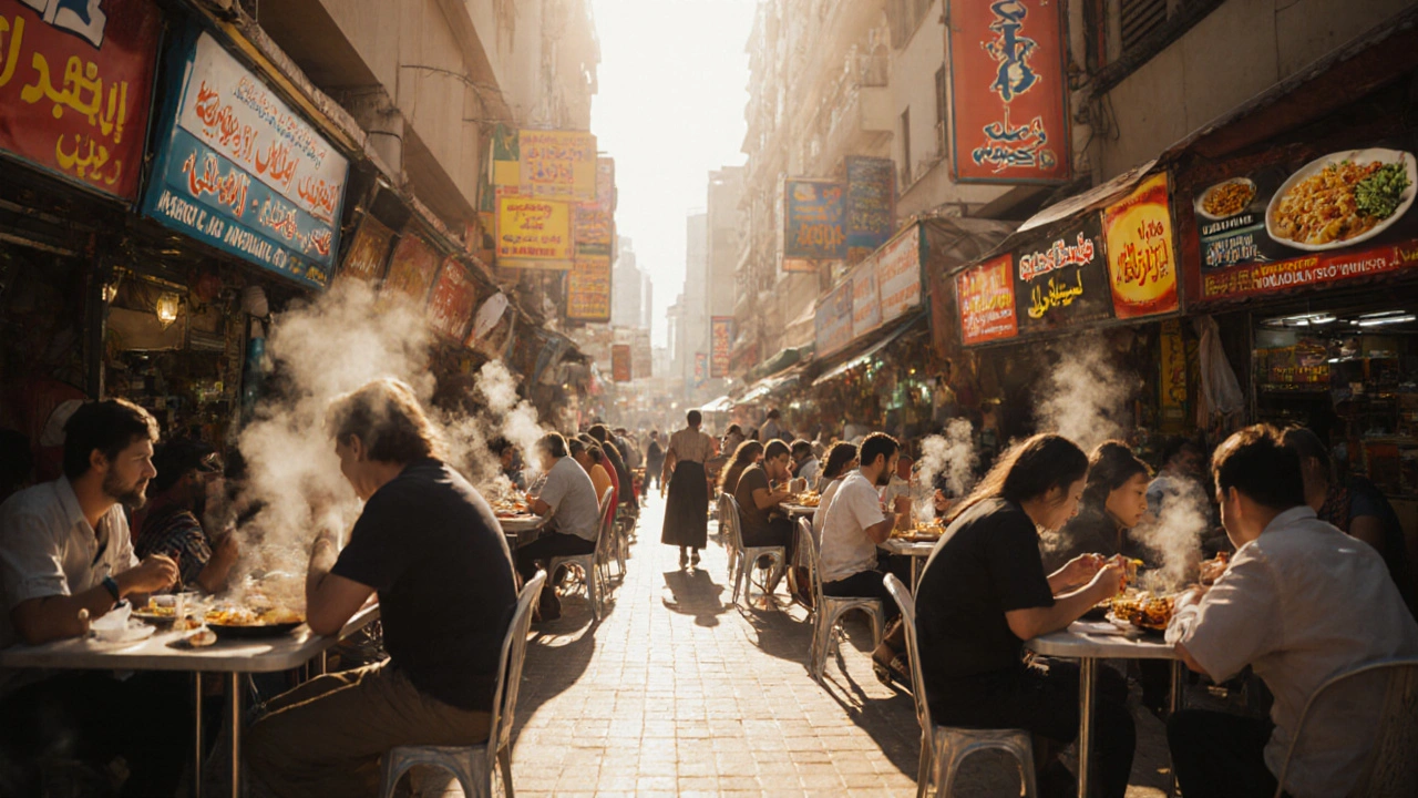 Crowded food court in Dubai with affordable meals served at plastic tables under warm lighting.