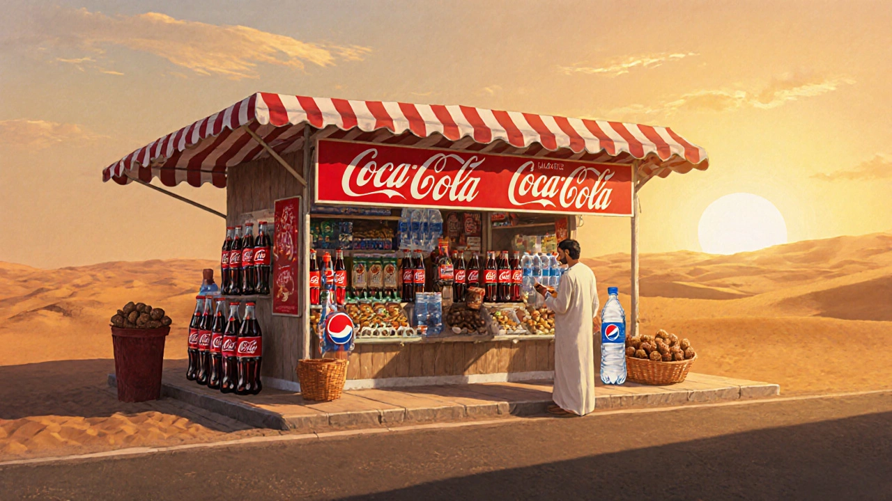 Desert kiosk selling Coca-Cola and local snacks at sunset with traditional Emirati elements.
