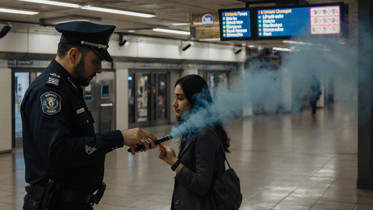 Dubai police officer detecting vaping near a metro station entrance with a handheld device, visitor holding vape pen.