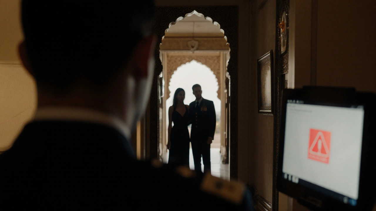 Hotel security officer watching a couple enter a room through a peephole, dim corridor, tense atmosphere.