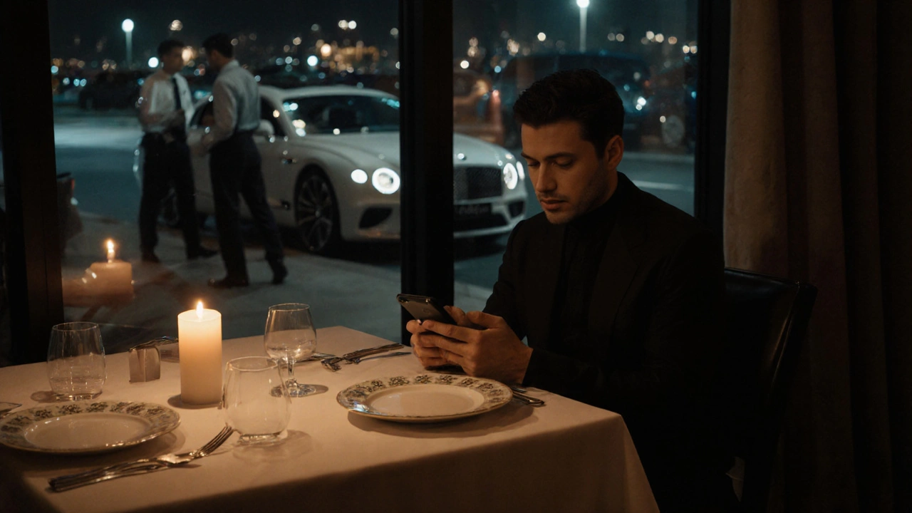 Man alone at candlelit restaurant in Dubai Marina, luxury car waiting outside.