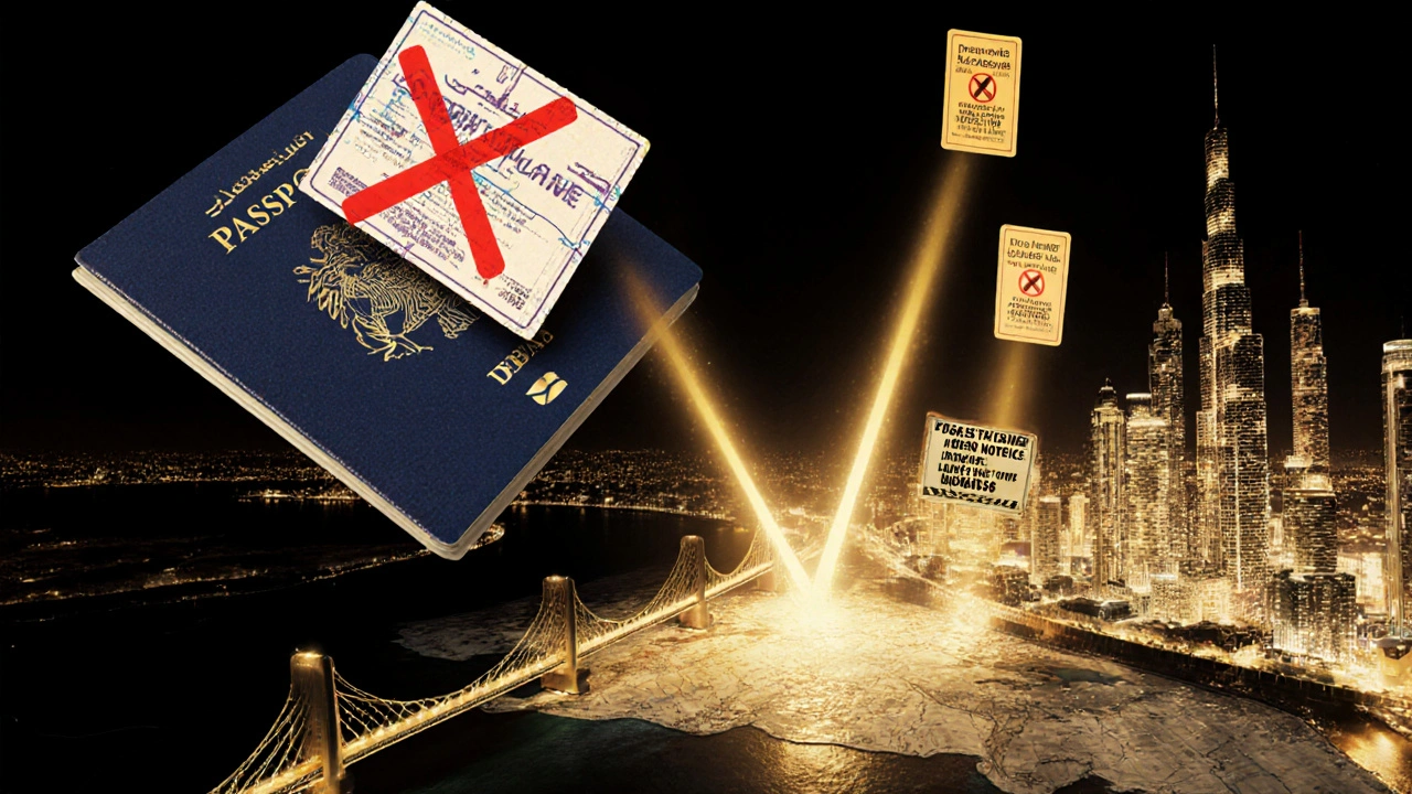 Passport with denied tourist visa above Dubai map, three golden paths representing legal residency options