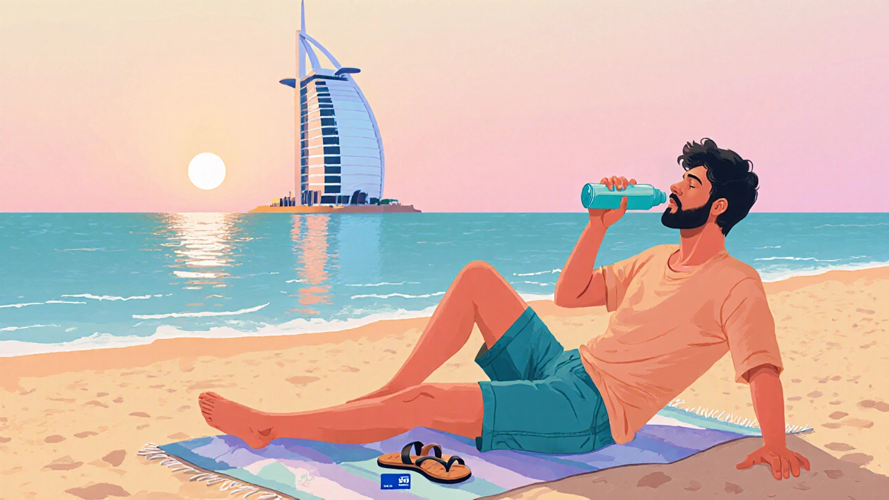 Person relaxing on Jumeirah Beach at sunset with Burj Al Arab in the distance.