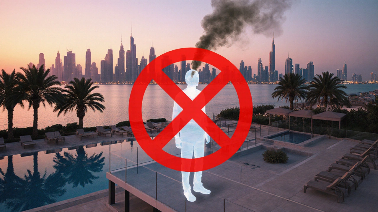 Silhouette of person on villa balcony with red prohibition symbol blocking smoke from drifting toward public areas.