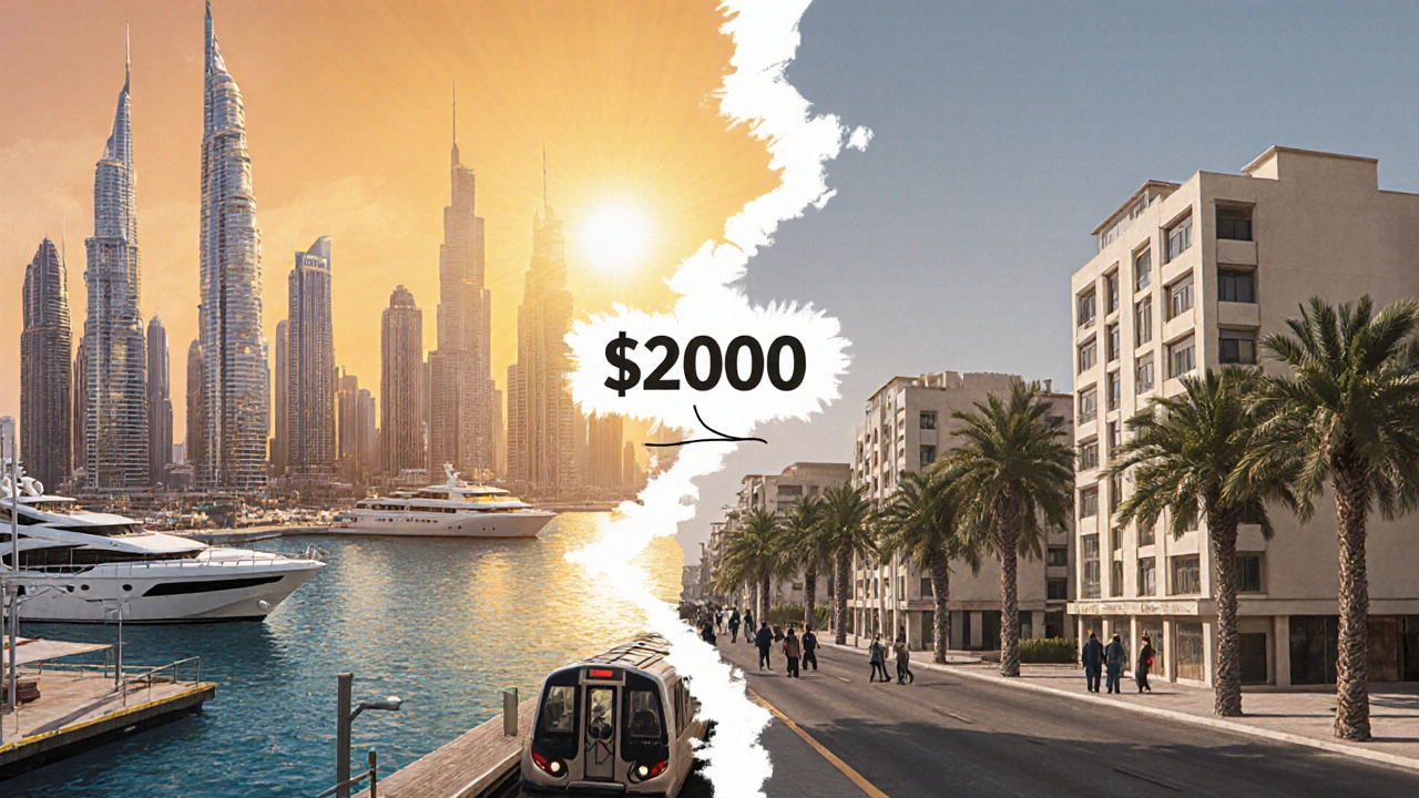 Split cityscape: luxury Dubai on one side, humble residential area on the other, connected by a budget line.