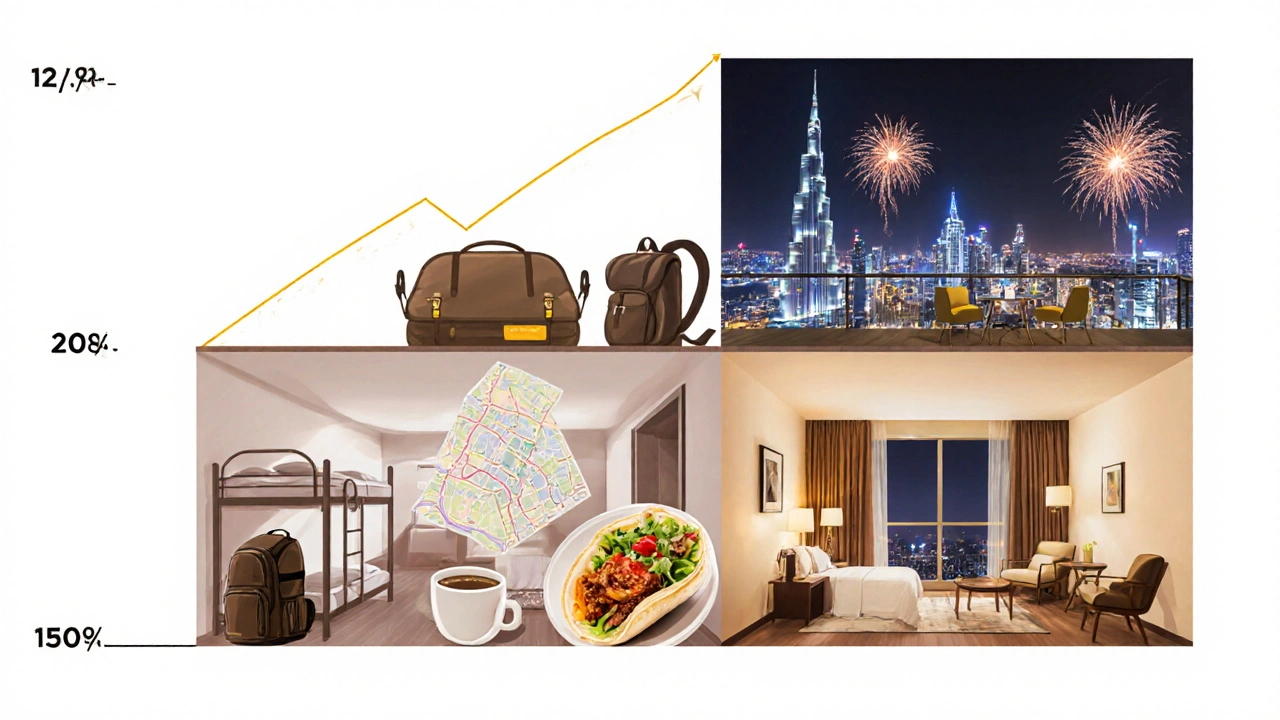 Three-layered visual showing budget, comfort, and luxury travel experiences in Dubai.