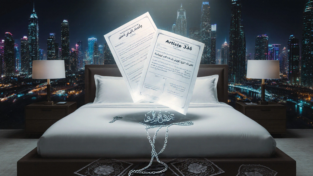 Transparent marriage certificate above two separate beds, legal documents sinking below a shared bed in Dubai.